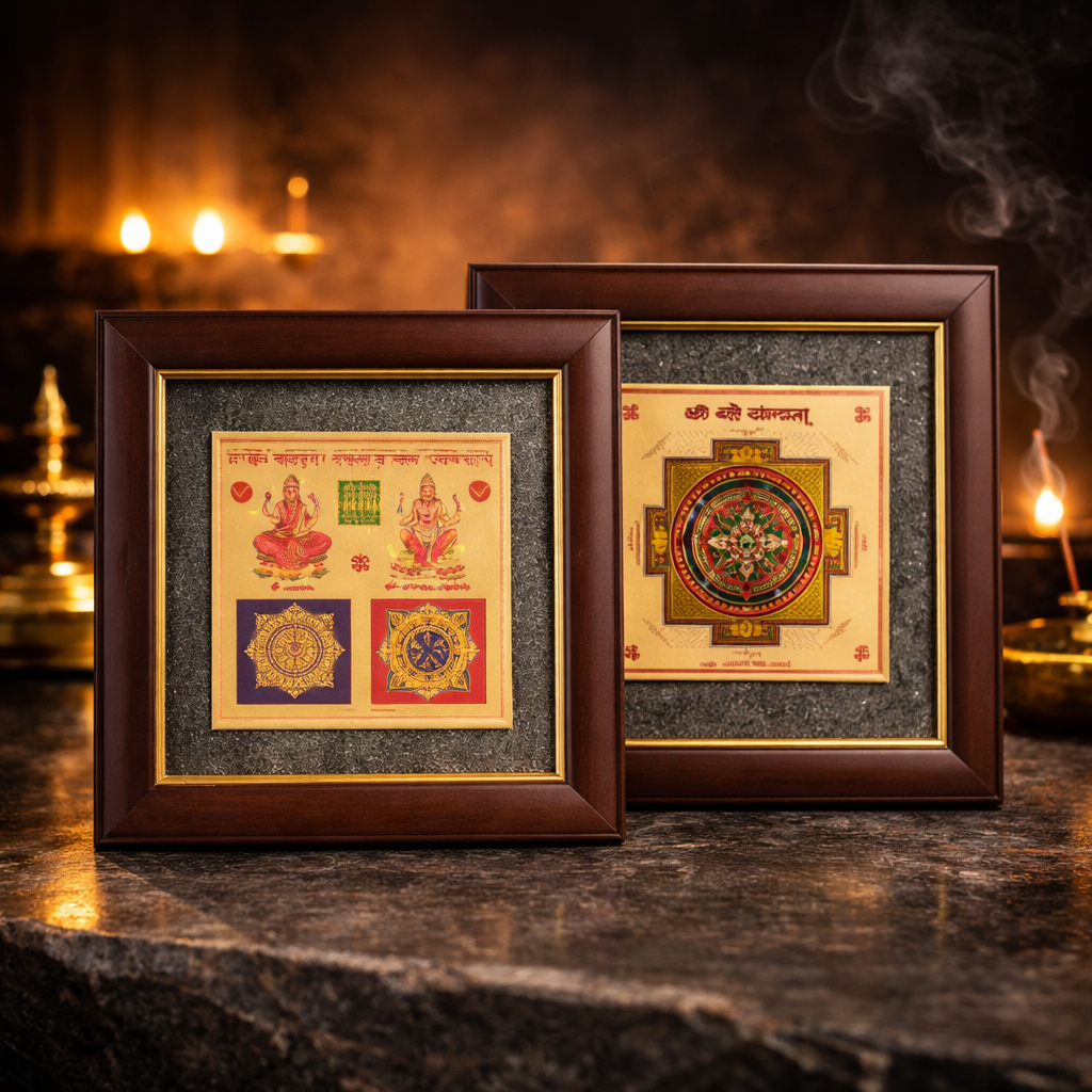Shree Pyrite Yantra + Sampoorna Laxmi Ganesh Pyrite Yantra Dust Frame